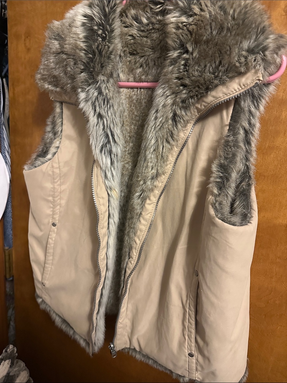 Faux Fur Hooded Vest - Beige